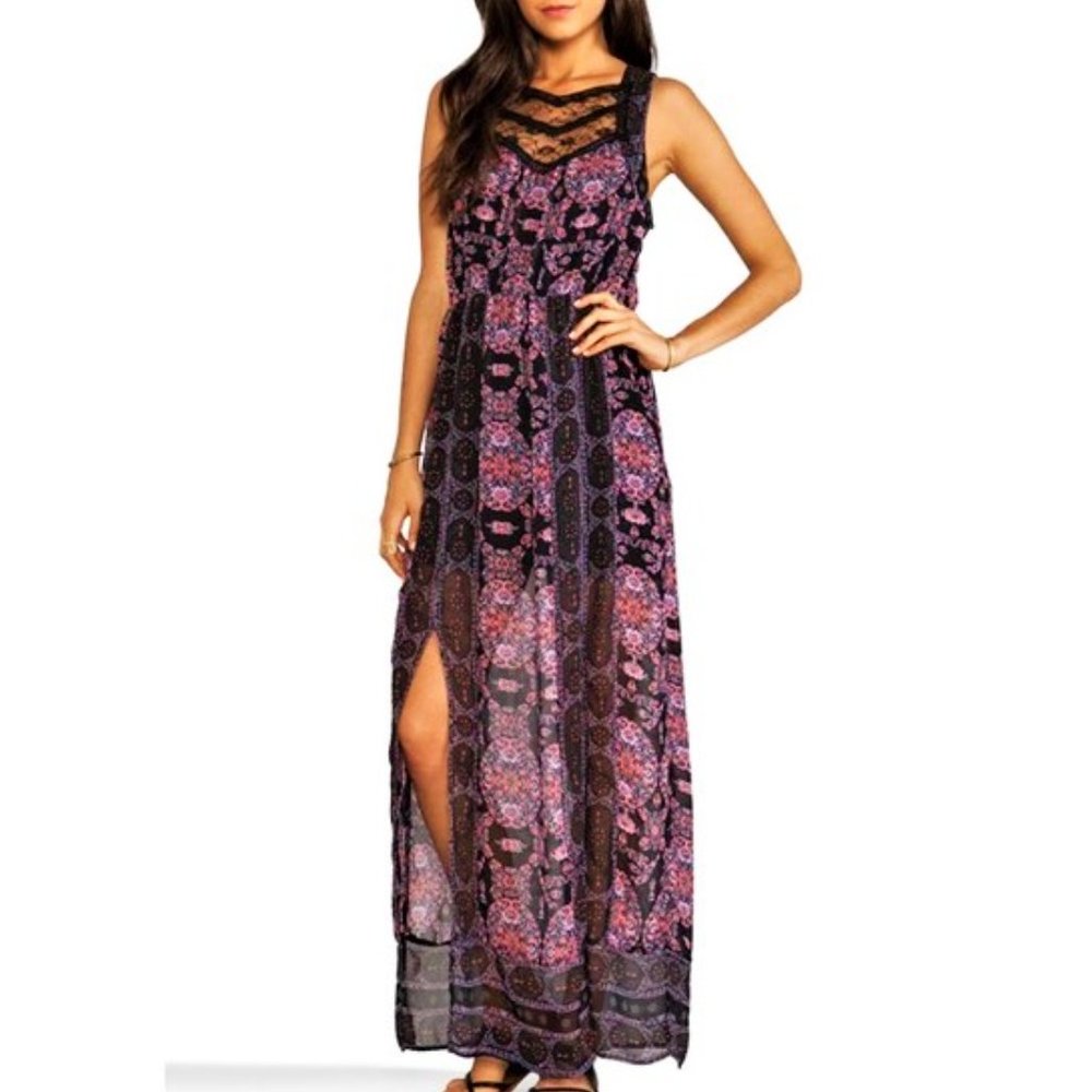 Free People Maxi Dress Slip Black Lace Cutout Back Partial Lining Thigh Slits 4